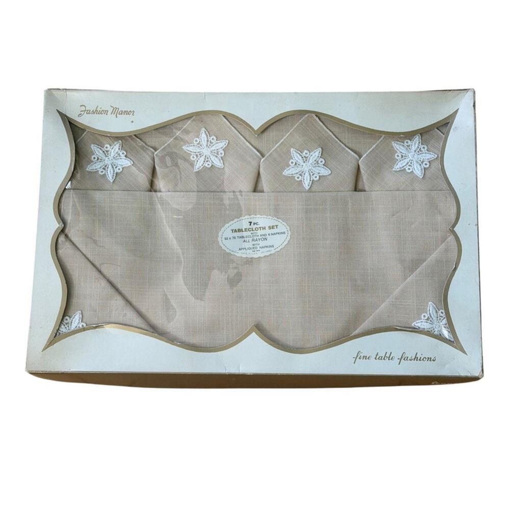 Fashion Manor Tablecloth Set 7pc 52x70 6 Napkin Rayon Taupe Beige Applique Retro